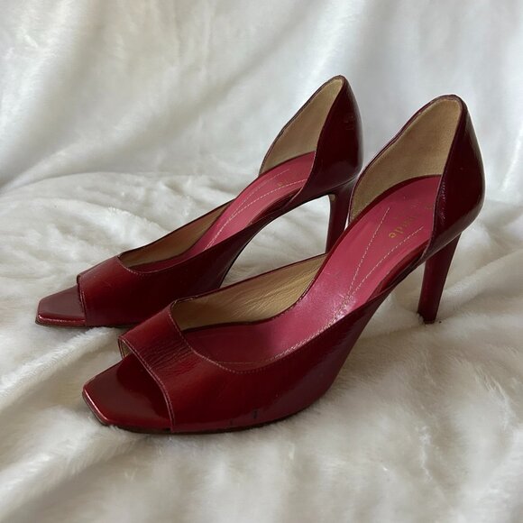 Kate Spade Red Patent Leather Pumps Womens 6.5 VTG Made in Italy Peep Toe - Picture 1 of 12